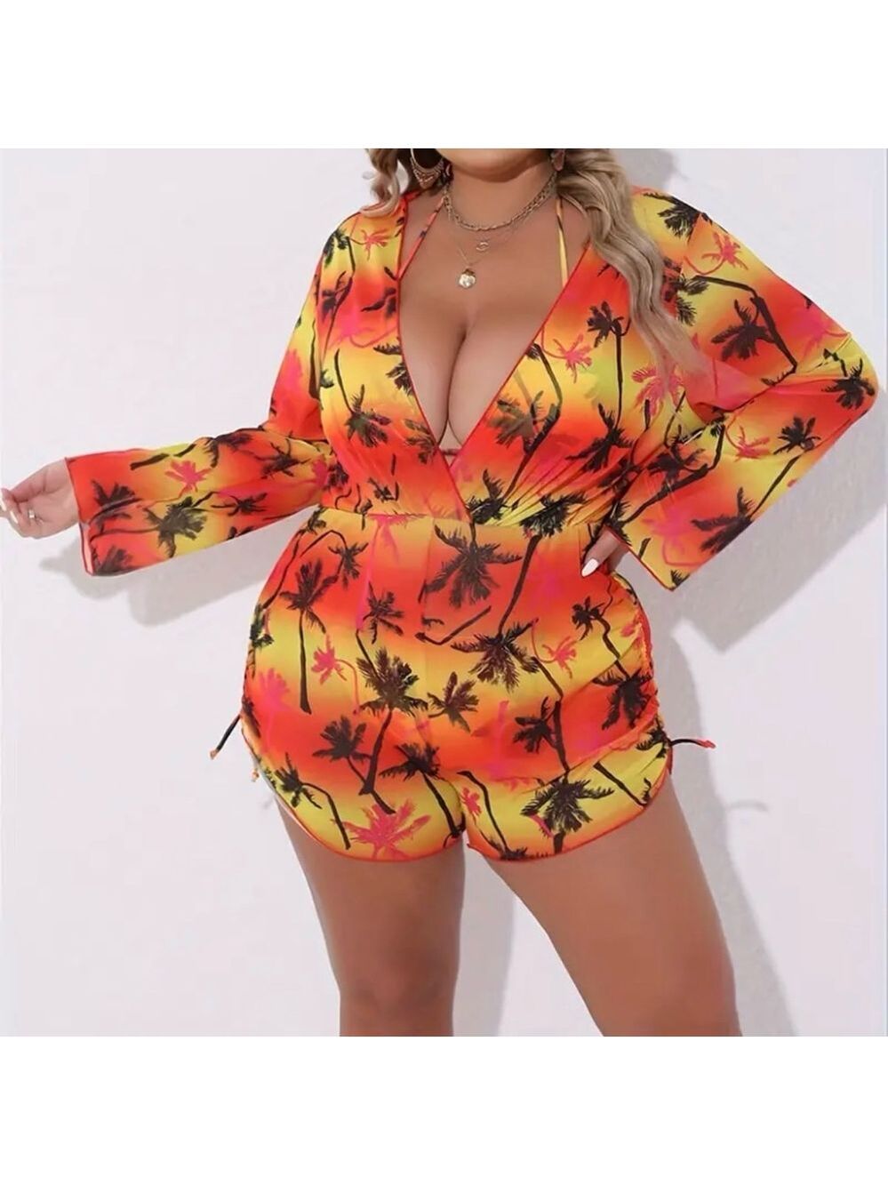 3pc Plus Size Tropical Print Halter Triangle Bikini Set with Cover Up - Picture 7 of 14